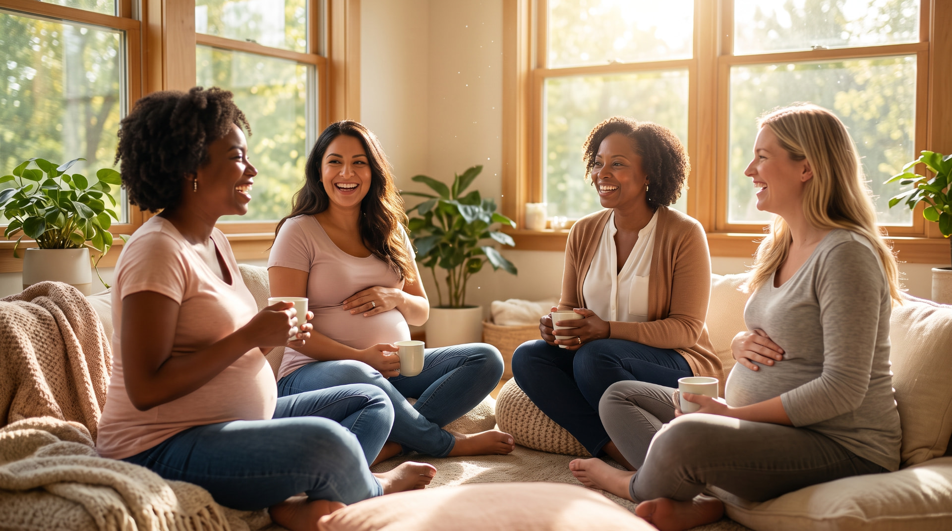 Women sharing conversation and warm drinks in a bright community gathering space