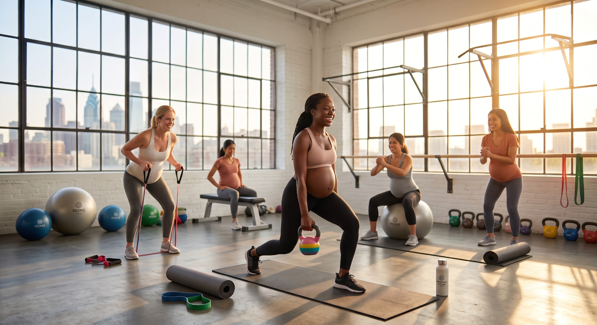Pregnant women practicing strength and gentle movement together in a sunlit studio