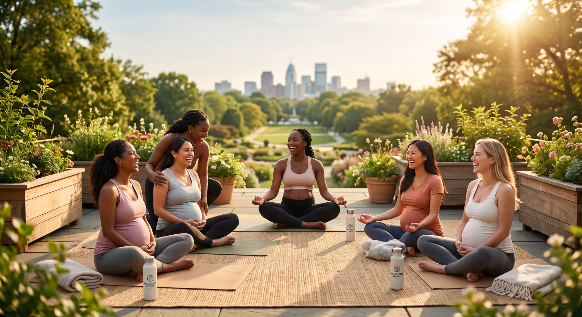 Mothers connecting during an outdoor wellness circle overlooking Philadelphia